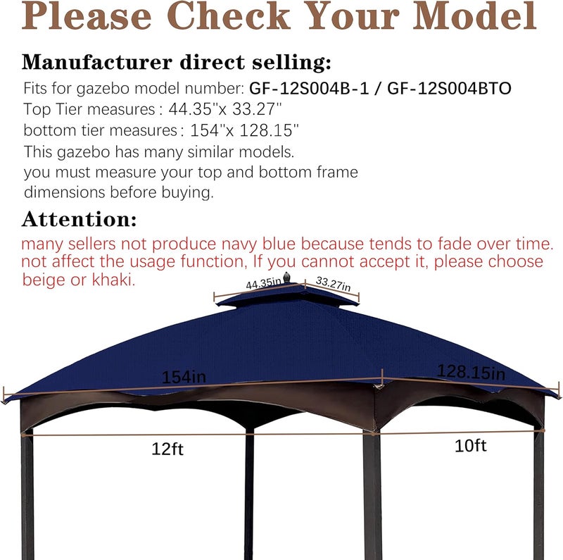 SCOCANOPY Ripstop Replacement Top for Lowe's Allen Roth 10X12 Gazebo Model #GF-12S004B-1/ GF-12S004BTO/TPGAZ17-002C，(Navy Blue) - Image 2